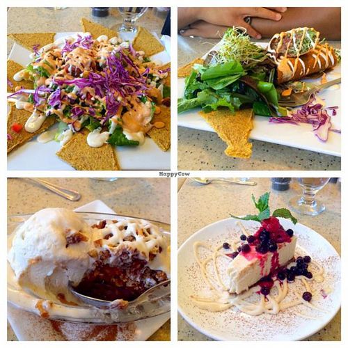 Nacho's, Burrito & side salad, pecan-apple cobbler with cashew vanilla ice cream, cheesecake with berries  at The Present Moment Cafe and Market in St Augustine