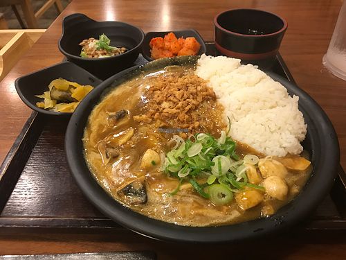 Coconut cream mushroom curry with rice and extra of green onion and Natto on the side  at Kore Curry - 고레 카레 in Seoul
