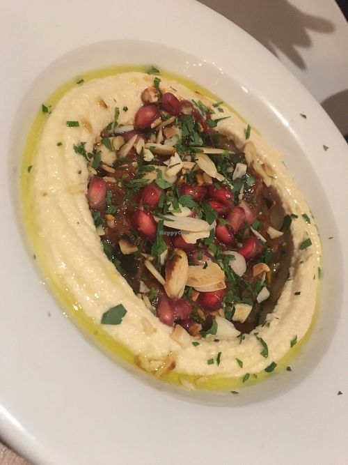 Hummus Auberigne - Home made hummus with roast auberigne chutney and toasted almond - ca. 3 Euro at Dobrumba in Budapest