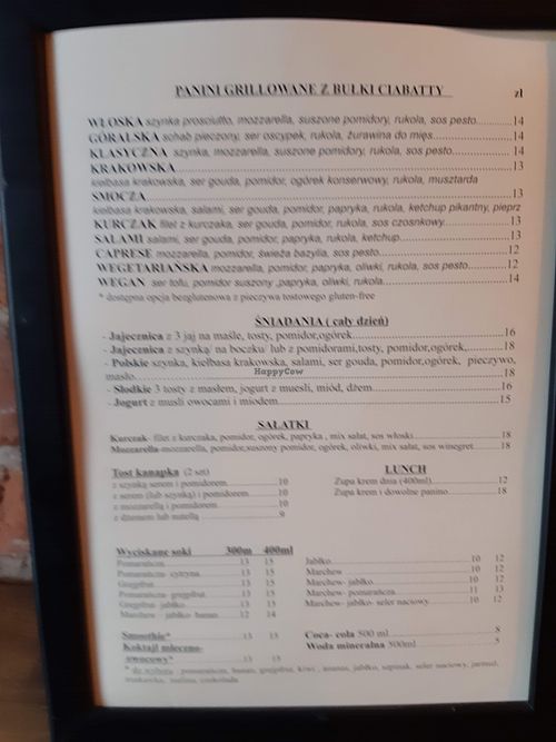 Menu at Krakowska 10 Cafe in Krakow