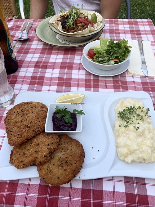 Seitan schnitzel with potato salad  at Stiftskeller in St Florian