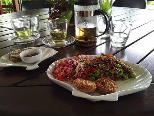 The Asian brown rice/quinoa entrée option. It came with a quinoa cakes and bread. at Kaingavai Water Garden in Rarotonga