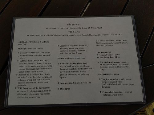 The tea menu at Kaingavai Water Garden in Rarotonga