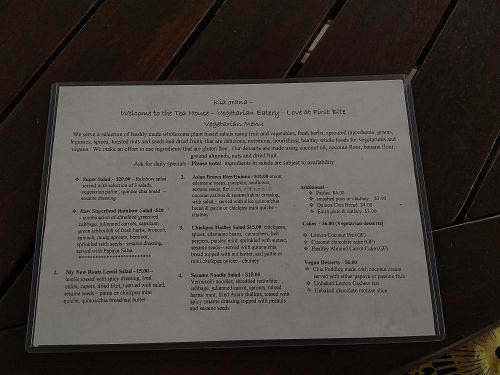 The food menu at Kaingavai Water Garden in Rarotonga