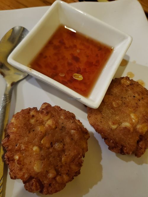 Corn fritter w chili sauce appetizer at Woody's Thai Kitchen in Seward