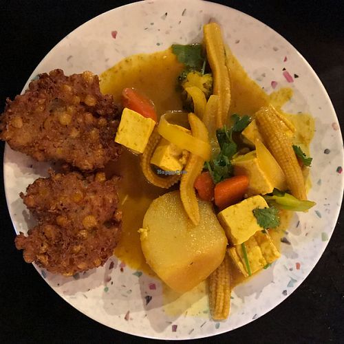 yellow curry and tofu corn cakes at Woody's Thai Kitchen in Seward