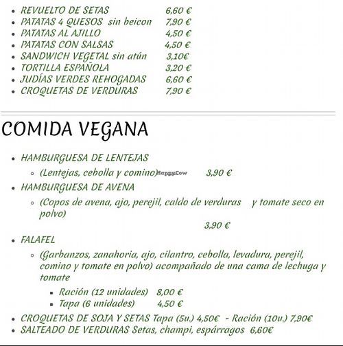 Carta ovolacto y vegana at Hermanos Egea in Madrid