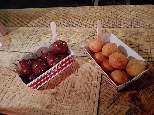 lukumades with dark chocolate and agave syrup at Lukumades in Athens