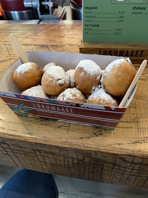 Filled with vegan chocolate praline and topped with icing sugar  at Lukumades in Athens