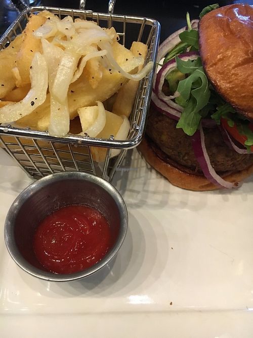 Craft Veggie Burger with Yucca Fries and homemade ketchup at Craft Cuisine in Ocala