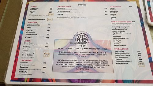 Menu at Ground Zero - Marley Coffee in Cape Town