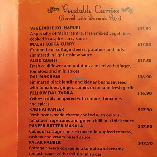 vegetarian menu options  at Bombay Palace in Queenstown