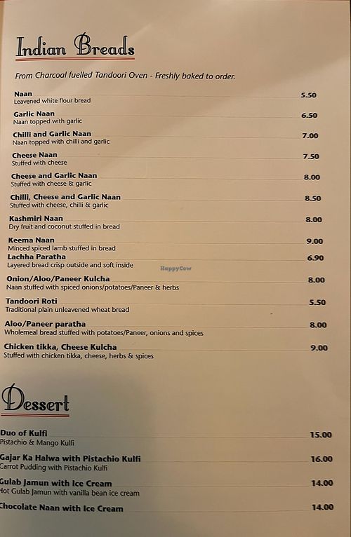 Indian Breads menu at Bombay Palace in Queenstown