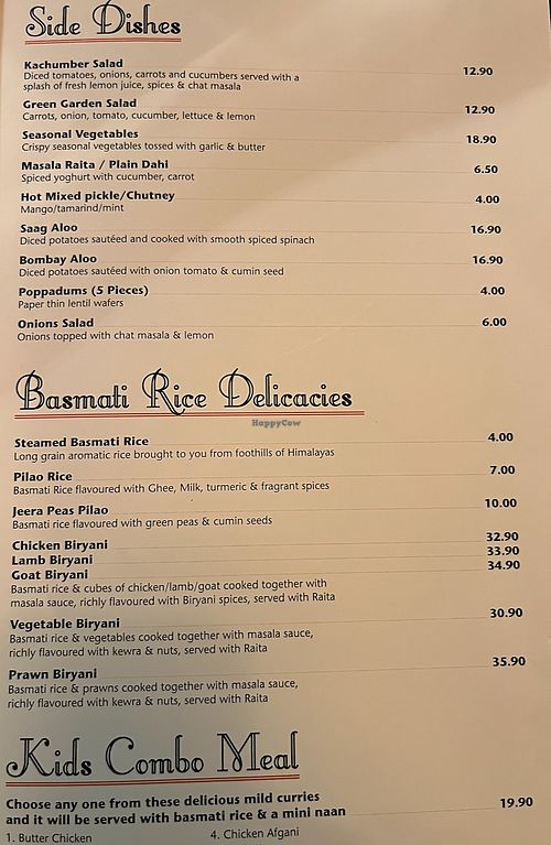 Side & Basmati Rice dishes menu at Bombay Palace in Queenstown