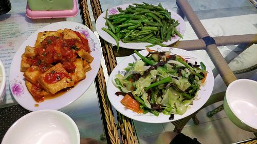 Fried veg and mushrooms, Tofu in tomato sauce and delicious green beans at Nha Hang Quang Dung in Ha Giang