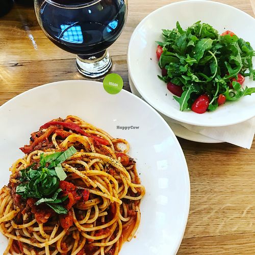 Pasta with lentil bolognese, simple salad & huge glass of wine at ASK Italian in York
