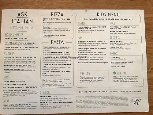 Separate vegan menu at ASK Italian in York