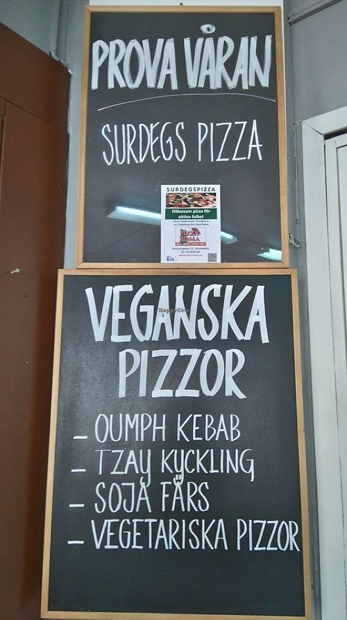 Inside the restaurant. Here you can choose vegan sourdough pizza, Pizza with OUMPH, Tzay and more. at Pizza Roma in Gothenburg