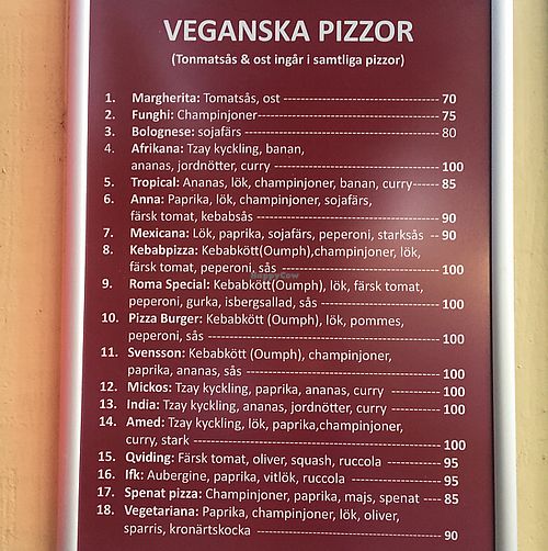 meny at Pizza Roma in Gothenburg