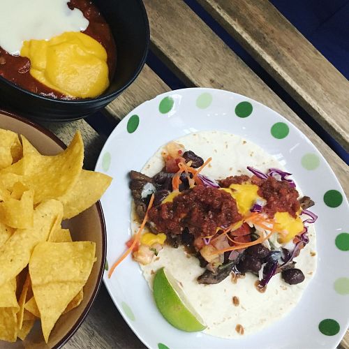 bean taco with tortilla chips and chilli on the side  at Sala - Hartamas in Kuala Lumpur