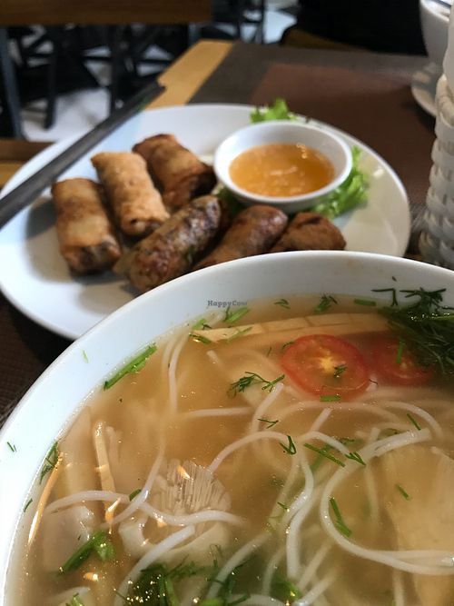 Spring rolls and a breakfast soup at Spring Lotus - Duong Sinh Chay in Hanoi