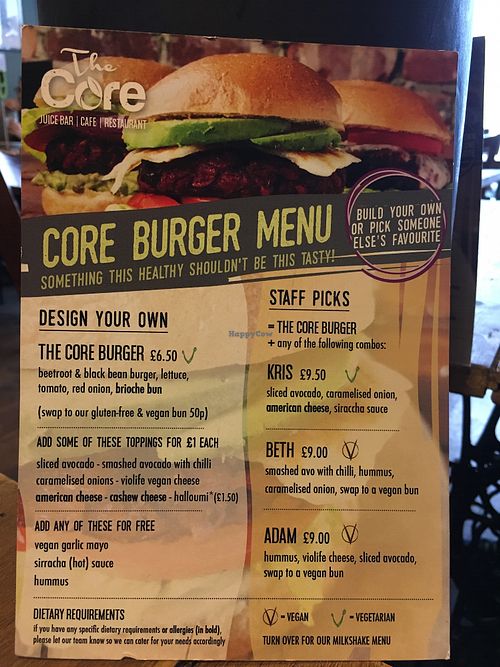 Burger menu at The Core in Swindon