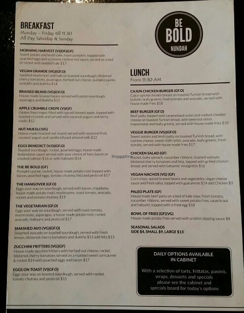 menu at Be Bold Nundah in Nundah