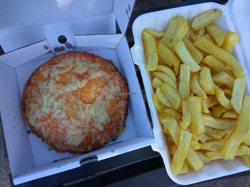 Deep fried pizza supper at Land and Sea Fish and Chip Shop in Polmont