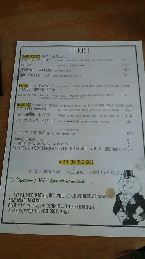 Menu with vegan food clearly labelled  at The Lions Monocle  in Paignton