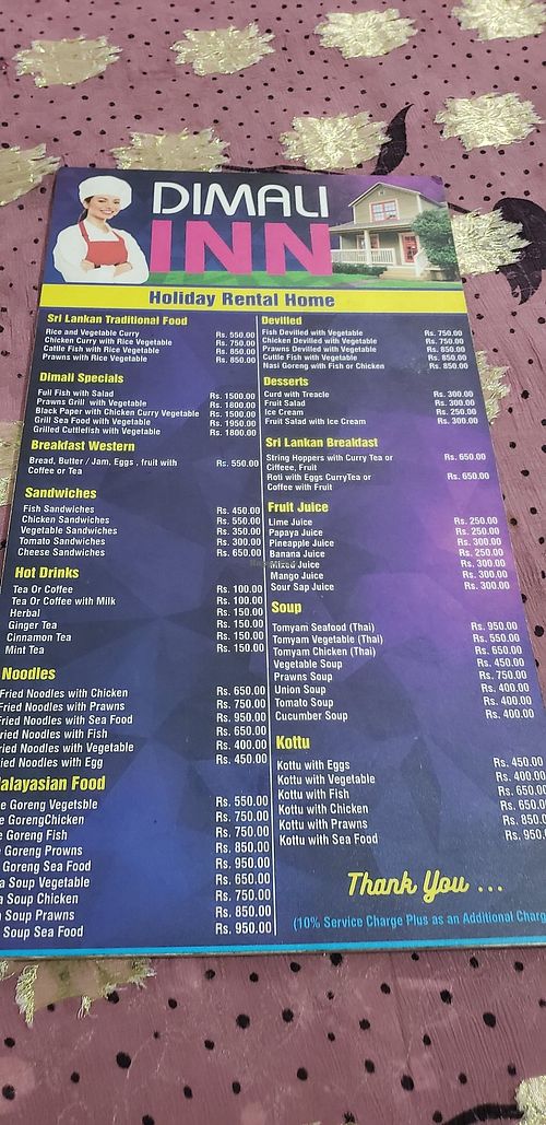 Menu at Dimali Inn in Mirissa