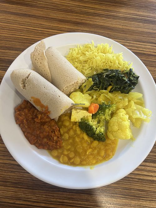 Plate with all of the available items from the vegan lunch buffet.   at Queen Sheba in Sacramento