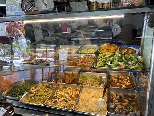 Lunch dishes.  at Miao Chu Vegetarian in Northeast Singapore