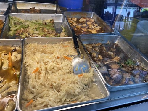 Lunch dishes.  at Miao Chu Vegetarian in Northeast Singapore