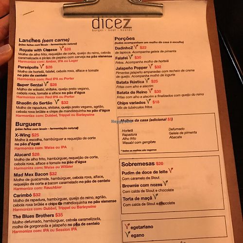 Menu at DiceZ in Sao Paulo