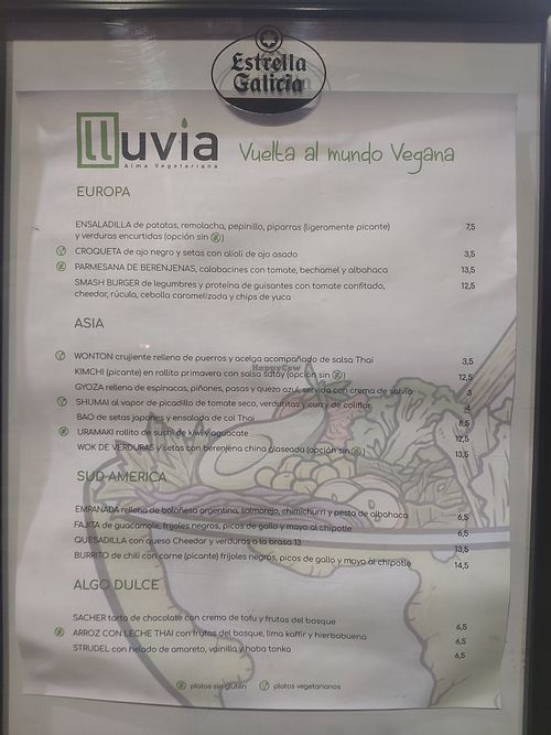 Menu at Lluvia in Alicante
