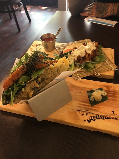 Tempeh sushi taco and “beef” taco at Kurumucho in Vancouver