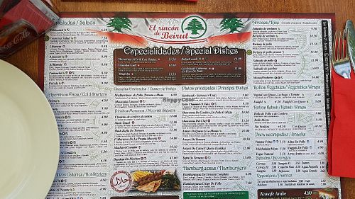 Menu at El Rincon de Beirut in Sevilla