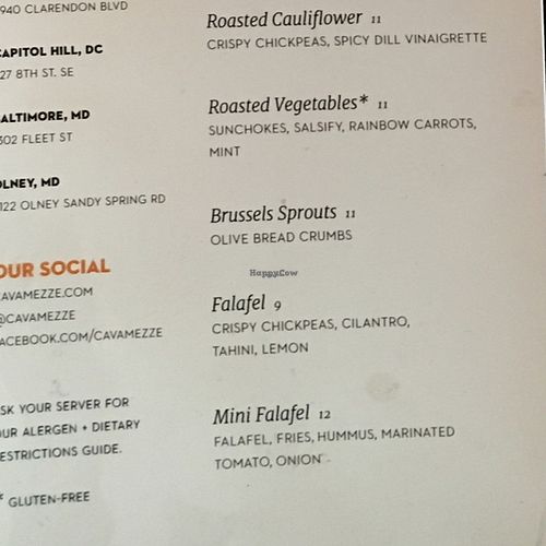vegan menu at Cava Mezze in Rockville
