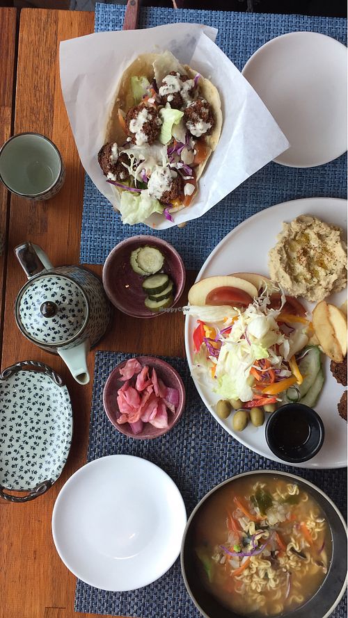 Tea, pita falafel, brunch platter and ramen (all vegan) at Cafe Vege Bakery in Gyeongju