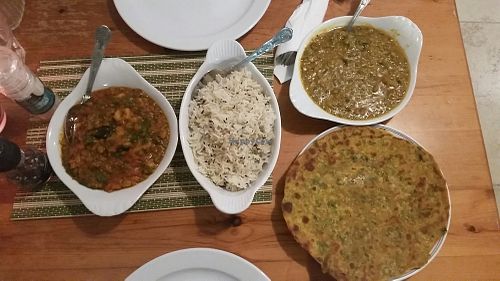 Delicious good Mixed Veg and moong dhall, rice and thepla roti at Mangla's Spice of Life in Cardiff