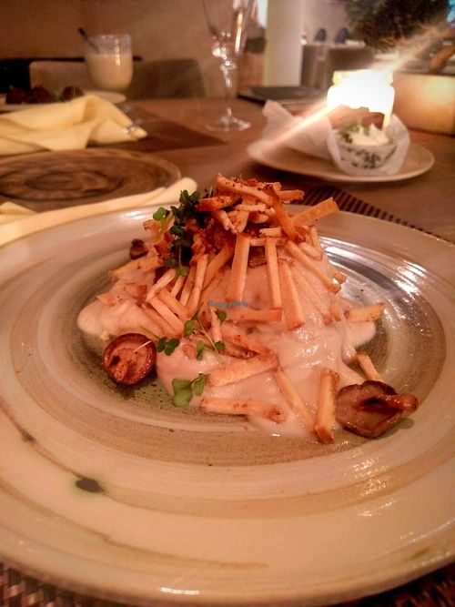 Hiding under all that sauce is a potato dish.  at Mandala in Belgrade