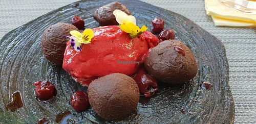 Chocolate ganache and raspberry sorbet at Mandala in Belgrade