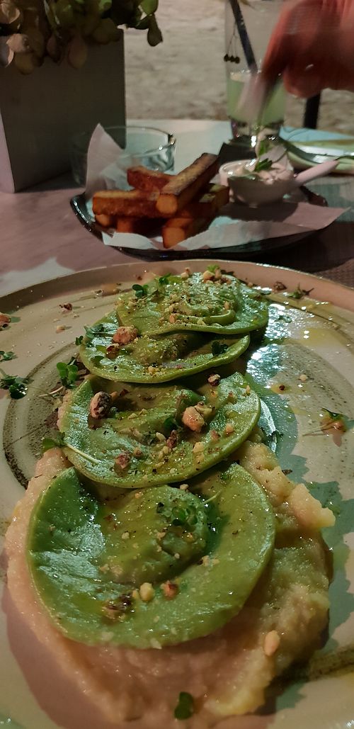 Ravioli with vegan cream and chives  at Mandala in Belgrade