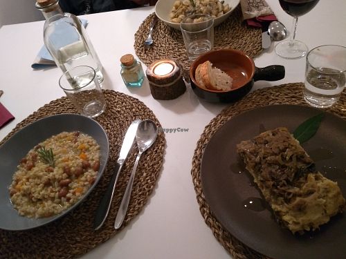 First course at ErbOsteria. Some dishes are vegan, some veggie (lots of local cheese on offer). We had gnocchi (top), farro or orzo (left) and possibly Frico (which is local dish). at ErbOsteria in Trieste