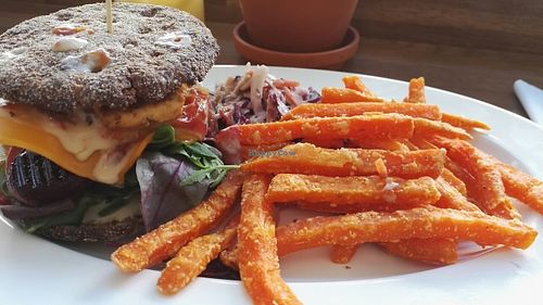 rye burger with sweet potato fries at Beans&more in Jyvaskyla