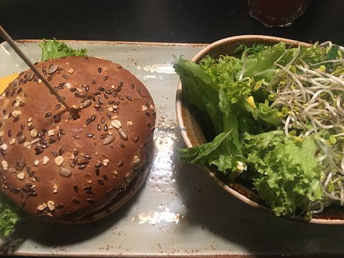 Vegan Feuermeister burger and salad  at MUC - Hans im Glück - T2 in Munich