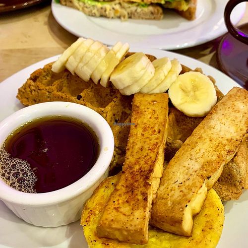 Breakfast waffles with just egg & tofu at Nourish Cafe in San Francisco