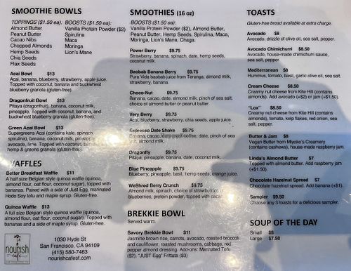 Menu: Smoothies and breakfast items at Nourish Cafe in San Francisco