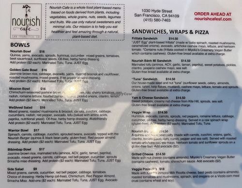 Menu: bowls, sandwiches, wraps & pizza at Nourish Cafe in San Francisco