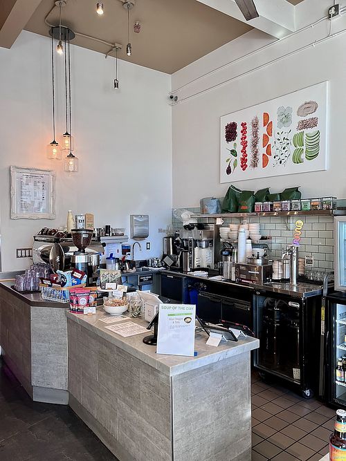 Counter and coffee station at Nourish Cafe in San Francisco